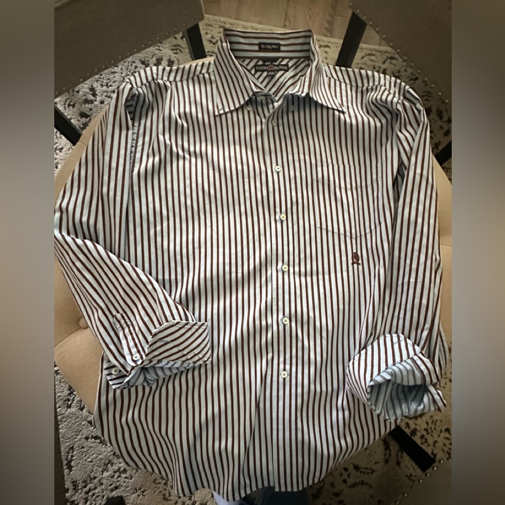 Tommy Hilfiger Men's Striped Dress Shirt in  chocolate and blue stripes